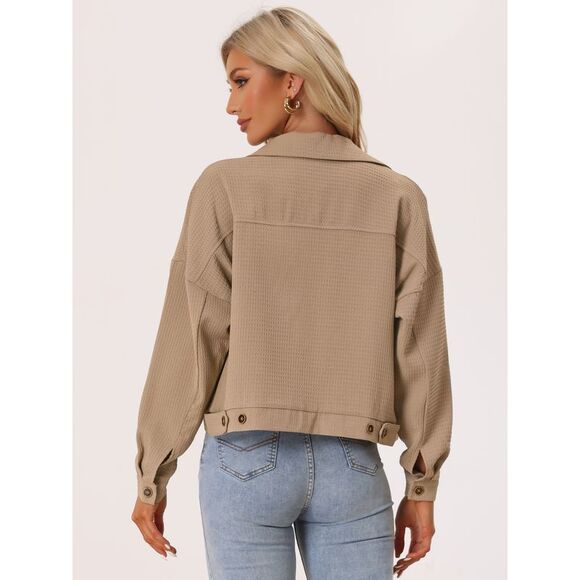 Waffle Shacket Jacket Drop Shoulder Pockets Collared Shirt Jackets Khaki - Picture 4 of 6